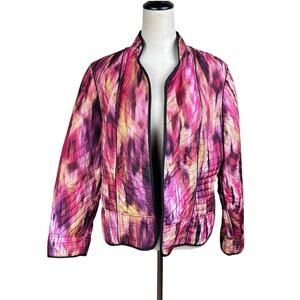 Chico's Sz 2 Pink Watercolor Lightweight Quilted Collarless Open Layering Jacket